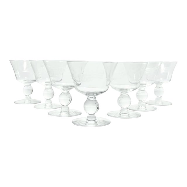 1950s Vintage Mid-Century Set of 7 Etched Wheat Coupe Champagne Glasses For Sale