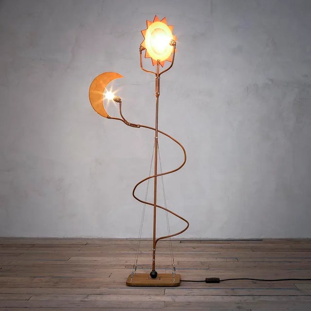 Wood and Brass Floor Lamp with Sun and Moon-Shaped Diffusers in the Style of Cordon Tones, 1980s For Sale - Image 3 of 8