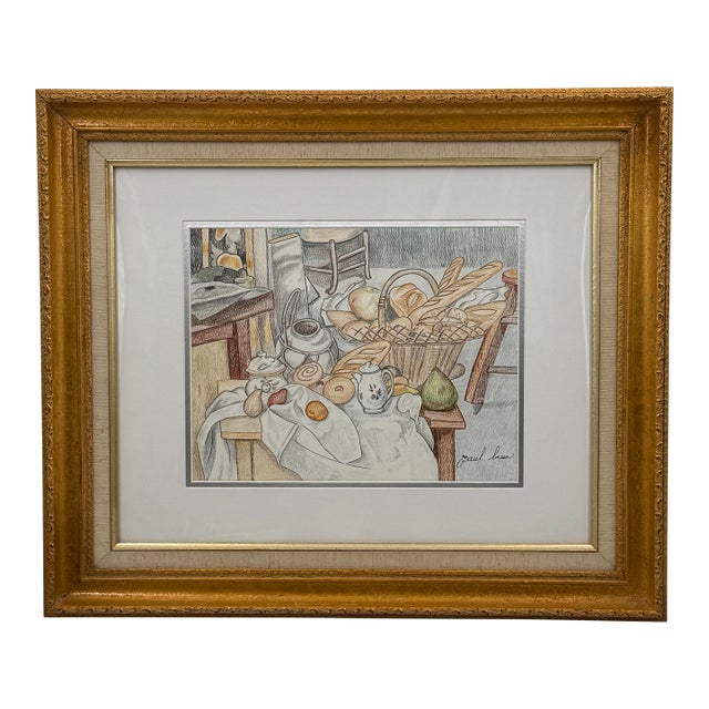 Vintage Original Pencil Drawing French Bakery Still Life Signed Paul Besse For Sale