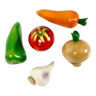 1980s Vintage Italian Boho Chic Arts & Crafts Hand Carved Wood Vegetables - Set of 5 For Sale
