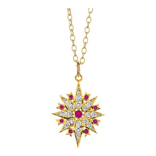 Syna Yellow Gold Taara Pendant with Rubies and Diamonds For Sale