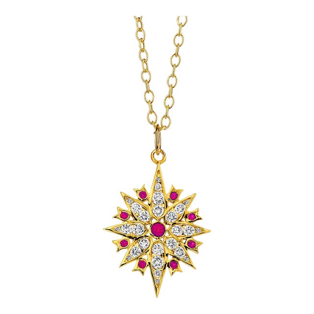 Syna Yellow Gold Taara Pendant with Rubies and Diamonds For Sale