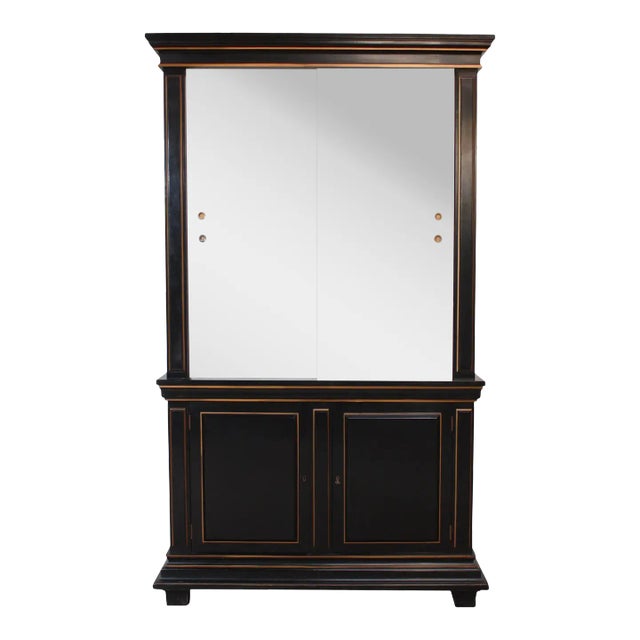 1970s Ebonized Armoire With Milk Glass Doors For Sale
