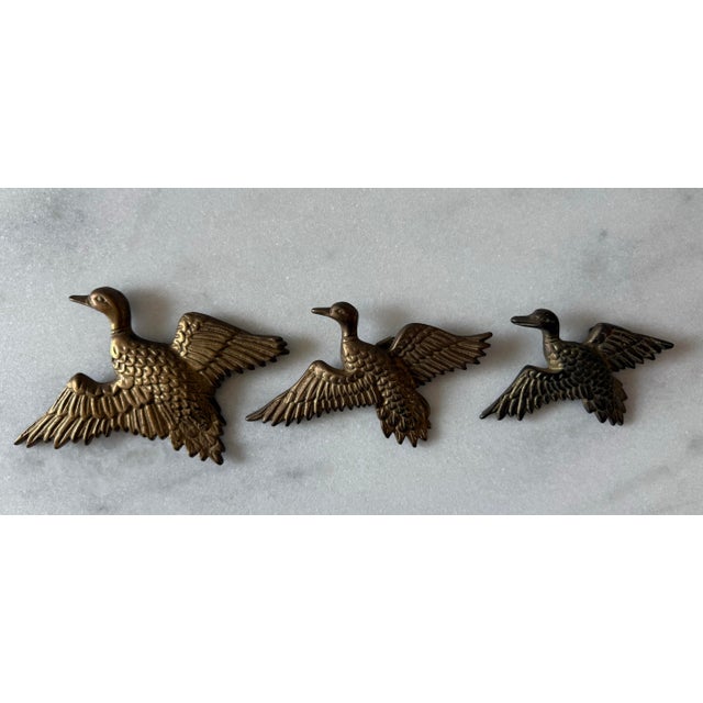 Mid-Century Modern Set of 3 Mid Century Brass Flying Ducks or Geese Wall Plaques For Sale - Image 3 of 8
