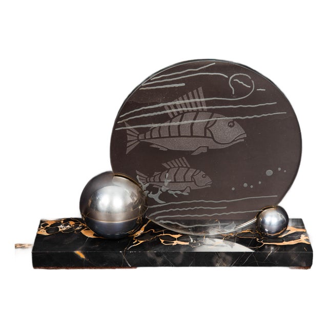 1930s French Art Deco Chrome and Etched Glass "Fish" Lumiere Table Light For Sale