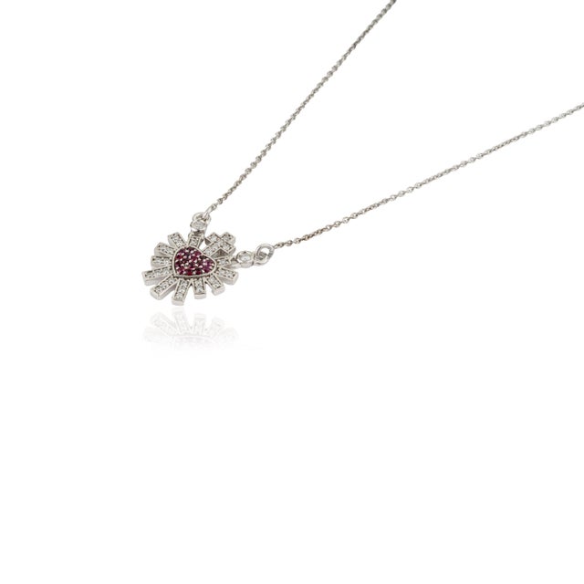 Vintage Inspired Ruby Diamond Sacred Heart Necklace in 14k White Gold For Sale - Image 4 of 14