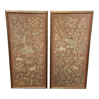 Early 20th Century Framed Tapestry-Style Needlepoint Panels With Medieval Pastoral Shepherd Scenes- a Pair For Sale
