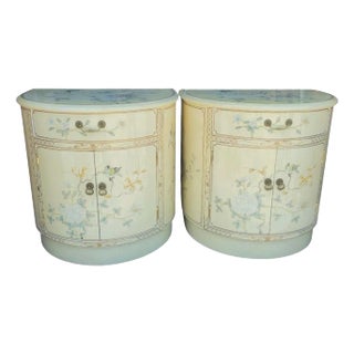 Vintage Chinoiserie Pale Cream Blue Birds Oval Rounded 1 Drawer Regency Night Stands- A Pair For Sale