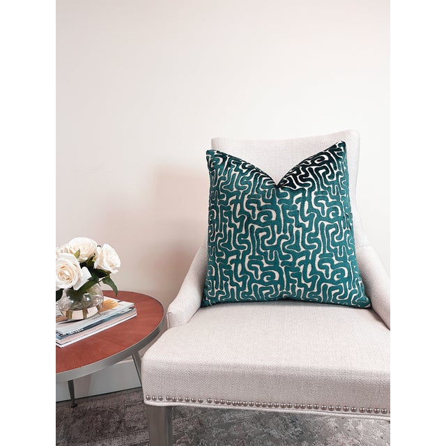 Contemporary Teal Maze Velvet Throw Pillow With Feather Down Insert For Sale - Image 3 of 4