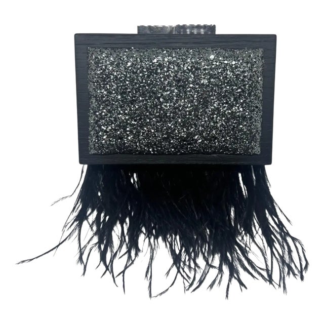 An Elegant Black Wooden Clutch Bag With Feathers and Glitter Made by Laurafed For Sale