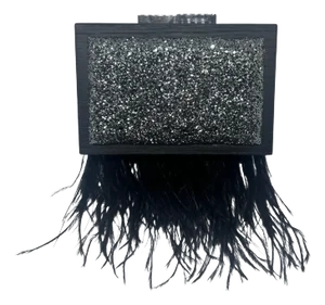 An Elegant Black Wooden Clutch Bag With Feathers and Glitter Made by Laurafed