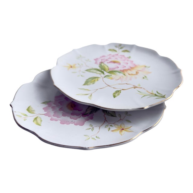 Mid-20th-Century Japanese Porcelain Dessert Plates With Peony Pattern - a Pair For Sale