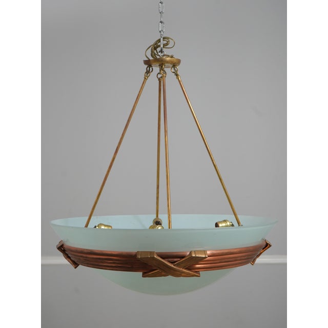 Age: c1970s Details: Large Opaque Glass Dome Very Heavy Well Made Fixture Solid Copper & Brass Cross Work High Quality...
