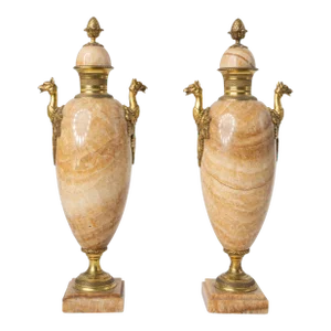 Pair of 19th C. Russian Gilt Bronze & Quartz Urns