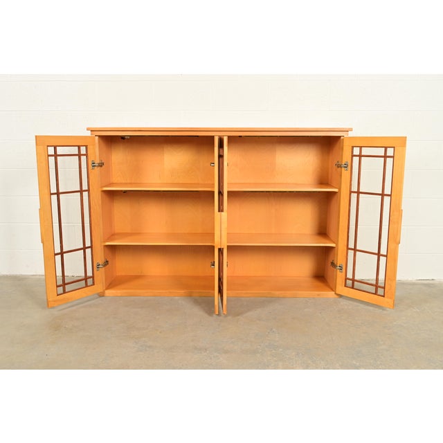 Late 20th Century Frank Lloyd Wright Style Mission Arts & Crafts Birch and Cherry Wood Double Bookcase Cabinet For Sale - Image 5 of 13