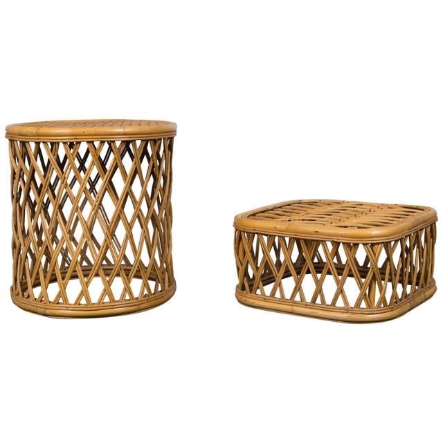 Rattan Pieces Small Cylindrical Table, Small Square Ottoman - A Pair For Sale - Image 11 of 11