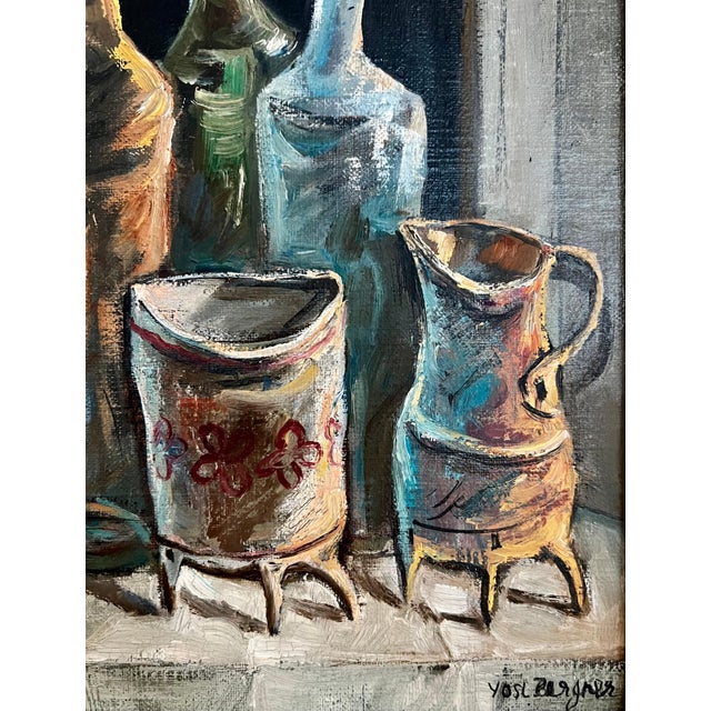 Yosl Bergner, Israeli Yosl Bergner Modernist OIl Painting Kitchen Bottles Coffee, Vase For Sale - Image 4 of 8