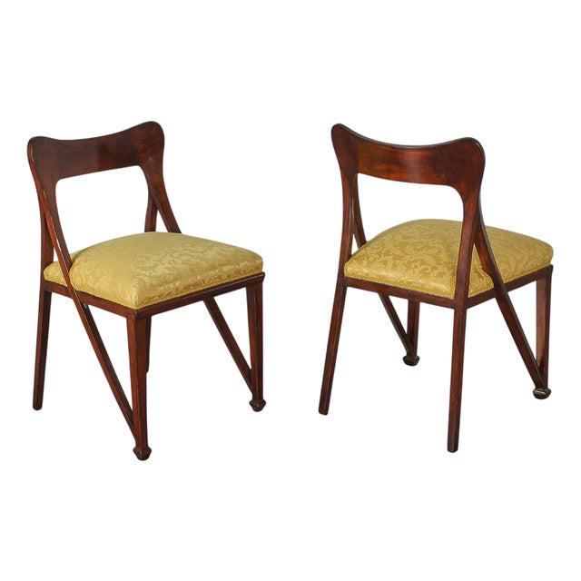 Liberty Style Shaped Wood and Yellow Fabric Chairs by V. Ducrot, Italy, 1920s, Set of 2 For Sale