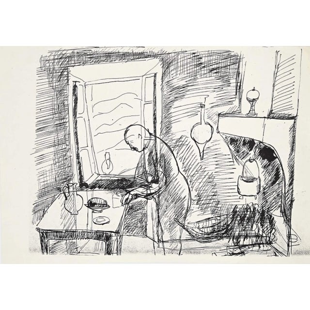 In the Kitchen is a black pen drawing by Herta Hausmann. Atelier stamp on the back of the white paper. The drawing depicts...