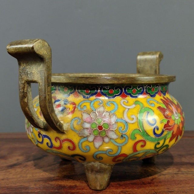 Metal Vintage Yellow Ground Cloisonne Enamel Bronze Censer, Two-Handle Tripod Incense Burner For Sale - Image 7 of 9
