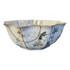 Antique 19th Century Chinese Qing Dynasty Porcelain Cabbage Leaf Bowl Decorated With Flowers and Crickets