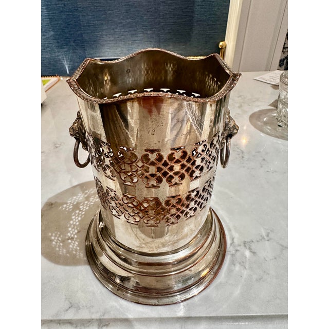 Early 20th Century Antique Silver Plate Pierced Wine Bottle Holder With Lion and Ring Handles For Sale - Image 5 of 11