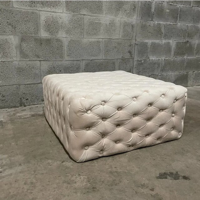 White White Velvet Tufted Chesterfield Stool With Crystal Buttons For Sale - Image 8 of 12