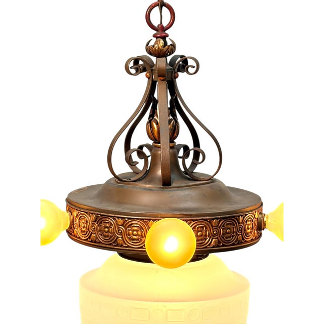 American 1920s Pendant With Acorn Shaped Shade and Four Bare Bulbs and Original Paint Finish For Sale - Image 3 of 14