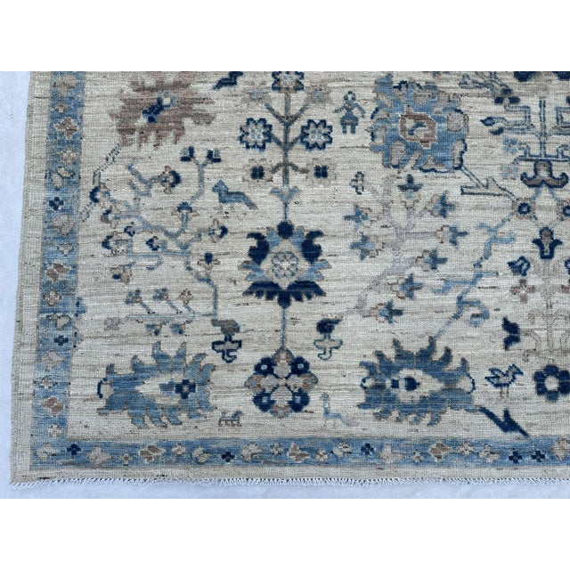 Oushak Handmade Wool Rug With Blue and Ivory Floral Design For Sale - Image 6 of 12