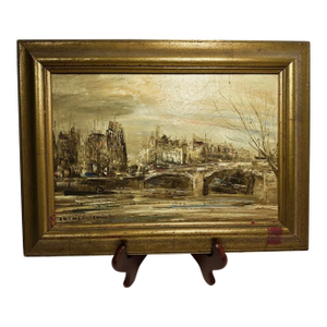 Vintage 1971 Juinji Yamashita Signed Oil Painting "Paris 71" Seine River Bridge, Framed