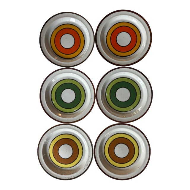 Set of 6 Vintage Speckled Bullseye Stoneware Small Plates by Hearthside For Sale