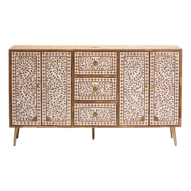 Arabesque Teak Wood Inlay Buffet by House of Jaipur For Sale