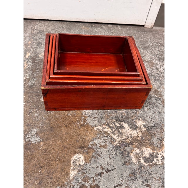 Vintage Red Finish Wood Nesting Tray Boxes, Set of Four For Sale - Image 9 of 12