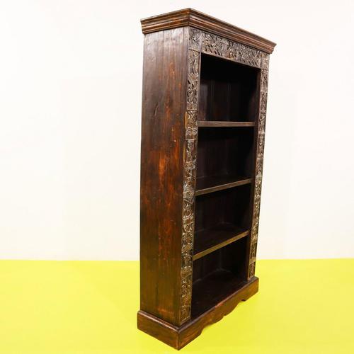 Brown Carved Wooden Bookcase with Floral Motifs and Stylized Figures For Sale - Image 8 of 10