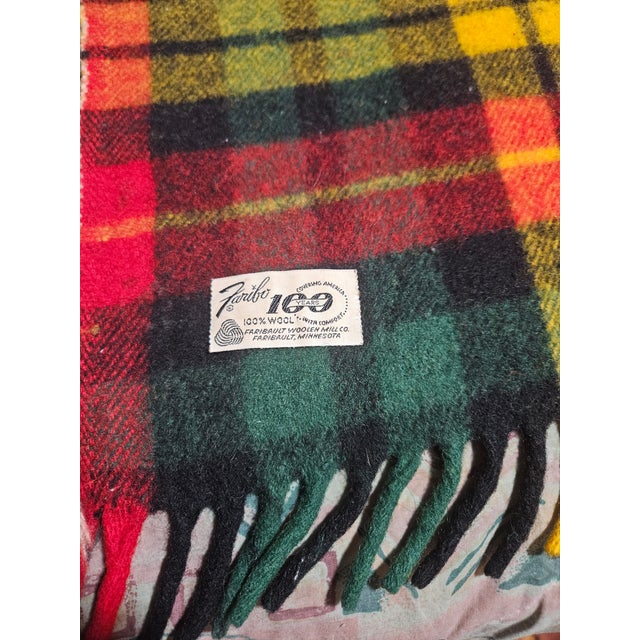 VTG Faribo Wool Stadium Blanket Red Green Gold Tartan Plaid Square 59x48