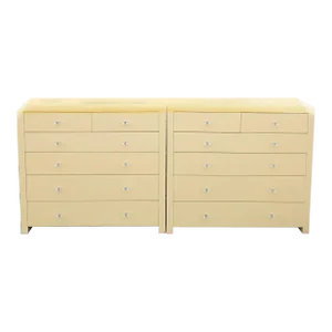 Extra Large Serena and Lily Pale Yellow Grass Cloth Covered Lucite Pulls 6 Drawer Chest of Drawers- a Pair