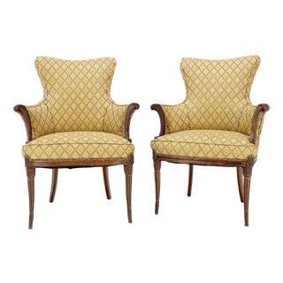 Pair of Antique Carved Mahogany Upholstered Fireside Arm Chairs For Sale