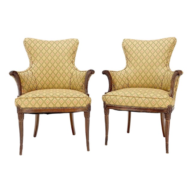 Pair of Antique Carved Mahogany Upholstered Fireside Arm Chairs For Sale