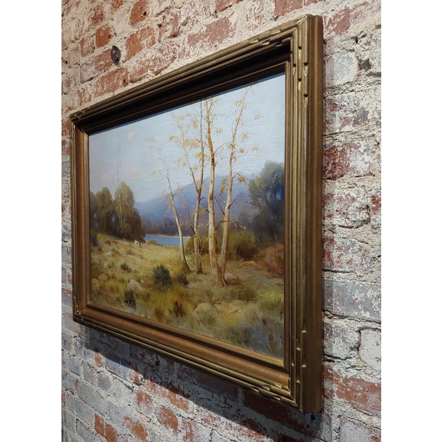 Khaki Quaint Pastoral Landscape by the Lake -19th Century Oil Painting For Sale - Image 8 of 10