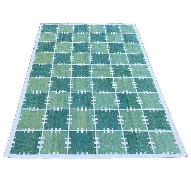 Handmade Cotton Area Rug, Natural Vegetable Dyed, Green and Cream Checked Dhurrie- 8'x10' For Sale - Image 9 of 10