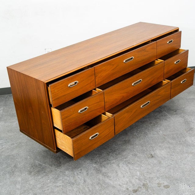 Mid-Century Modern Mid Century Modern Dresser Credenza Bp John Metal 9 Drawer Walnut Vintage MCM Nm For Sale - Image 3 of 12