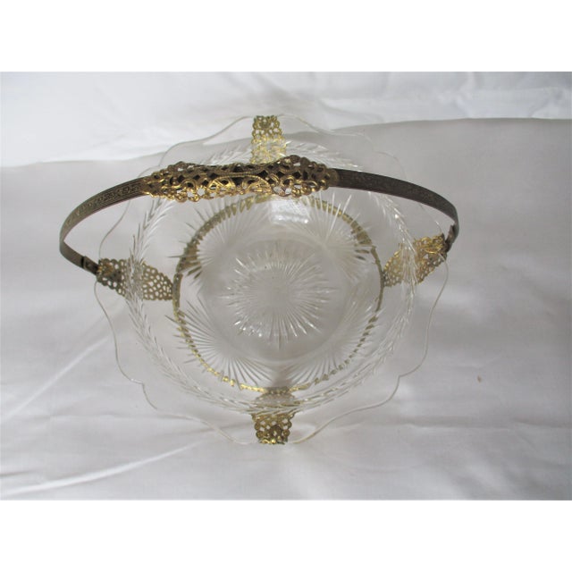 Antique 1900s Gold Ornate Metal Frame and Crystal Bowl Star Bust Pattern Brides Basket For Sale - Image 4 of 9