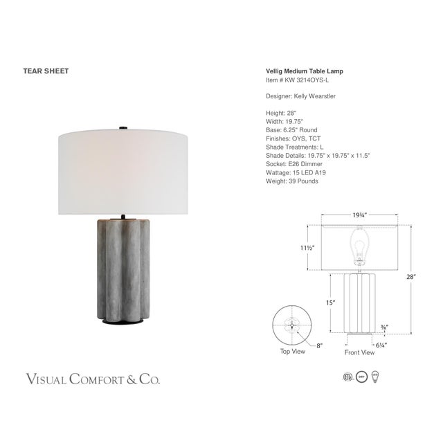 Kelly Wearstler by Visual Comfort Signature Vellig Medium Table Lamp in Oyster Stained Concrete with Linen Shade Designer:...