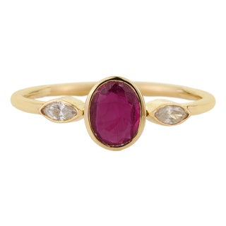 Modern Ruby & Marquise Diamond Three-Stone Bezel Set Ring 14k Yellow Gold Size 4 For Sale