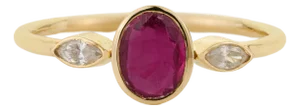 Modern Ruby & Marquise Diamond Three-Stone Bezel Set Ring 14k Yellow Gold Size 4