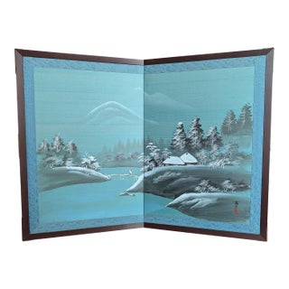 1970s Vintage Japanese 2-Panel Desktop Byōbu Folding Screen Signed Seihō - Winter Landscape For Sale
