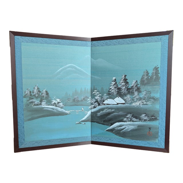 1970s Vintage Japanese 2-Panel Desktop Byōbu Folding Screen Signed Seihō - Winter Landscape For Sale