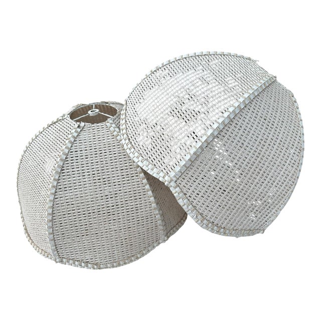 Pair of Vintage White Woven Wicker Lamp Shades | Coastal Rattan Empire Shades | Cottage & Farmhouse Lighting For Sale
