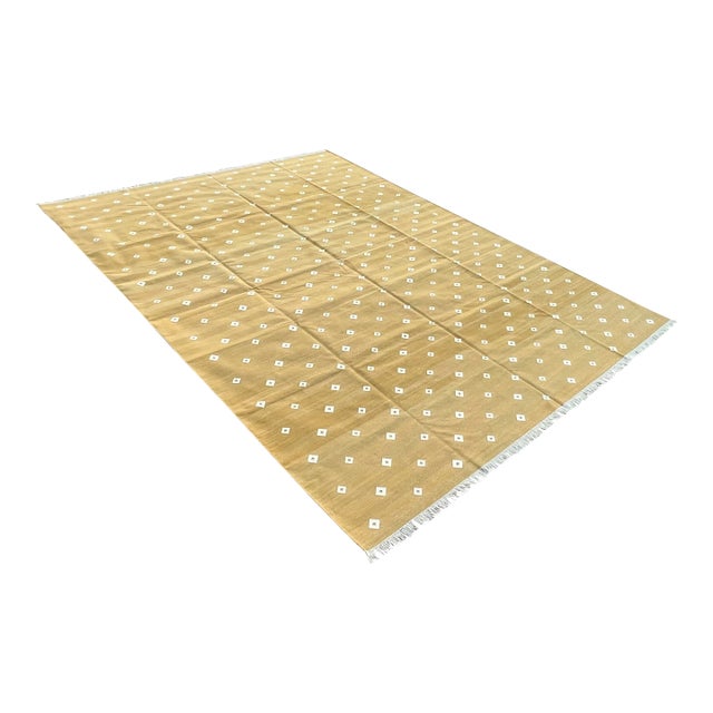 Handmade Cotton Area Rug Natural Vegetable Dyed Mustard and White Diamond Dhurrie-12'x15' For Sale