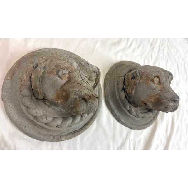 Figurative Pair Antique Hand Carved Dog Architectural Salvage Wall Sculpture Conklin Port For Sale - Image 3 of 13